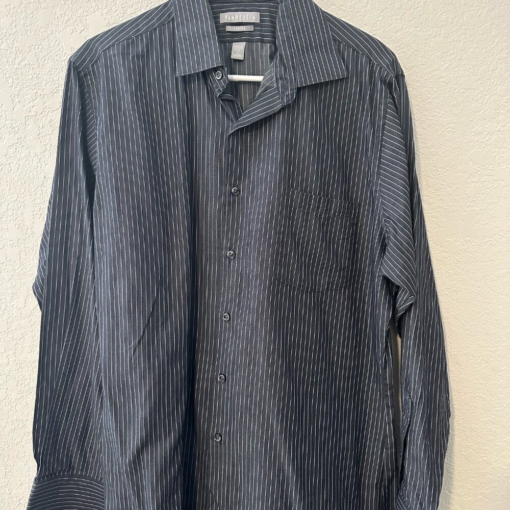 Van Heusen Black with White Stripes Long Sleeve Button Down Shirt - 16 34/35